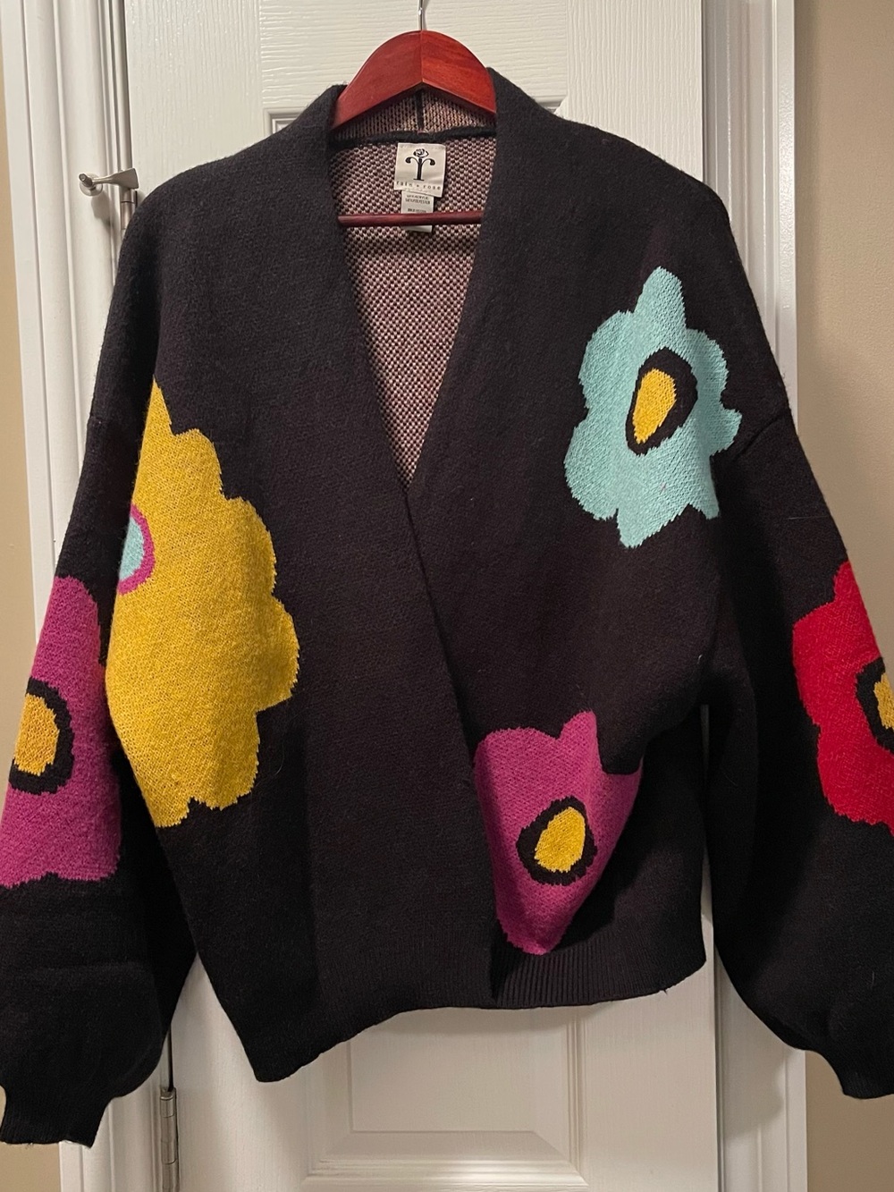 Black Floral Intarsia Open-Front Cardigan Sweater
